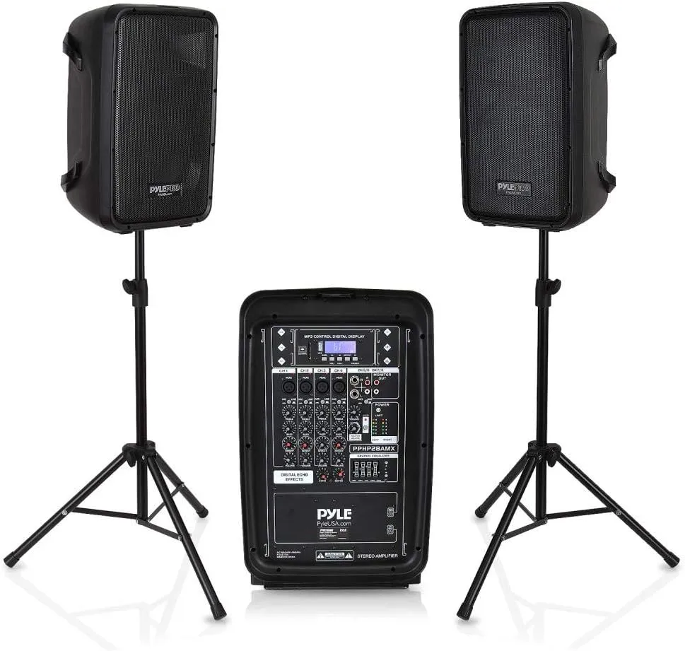 Pyle PA Speaker DJ Mixer Bundle - 300 W Portable Wireless Bluetooth Sound System w/ USB SD XLR 1/4" RCA Inputs - Dual Speaker, Mixer, Microphone, Stand, Cable - Home/Outdoor Party - PPHP28AMX,Black