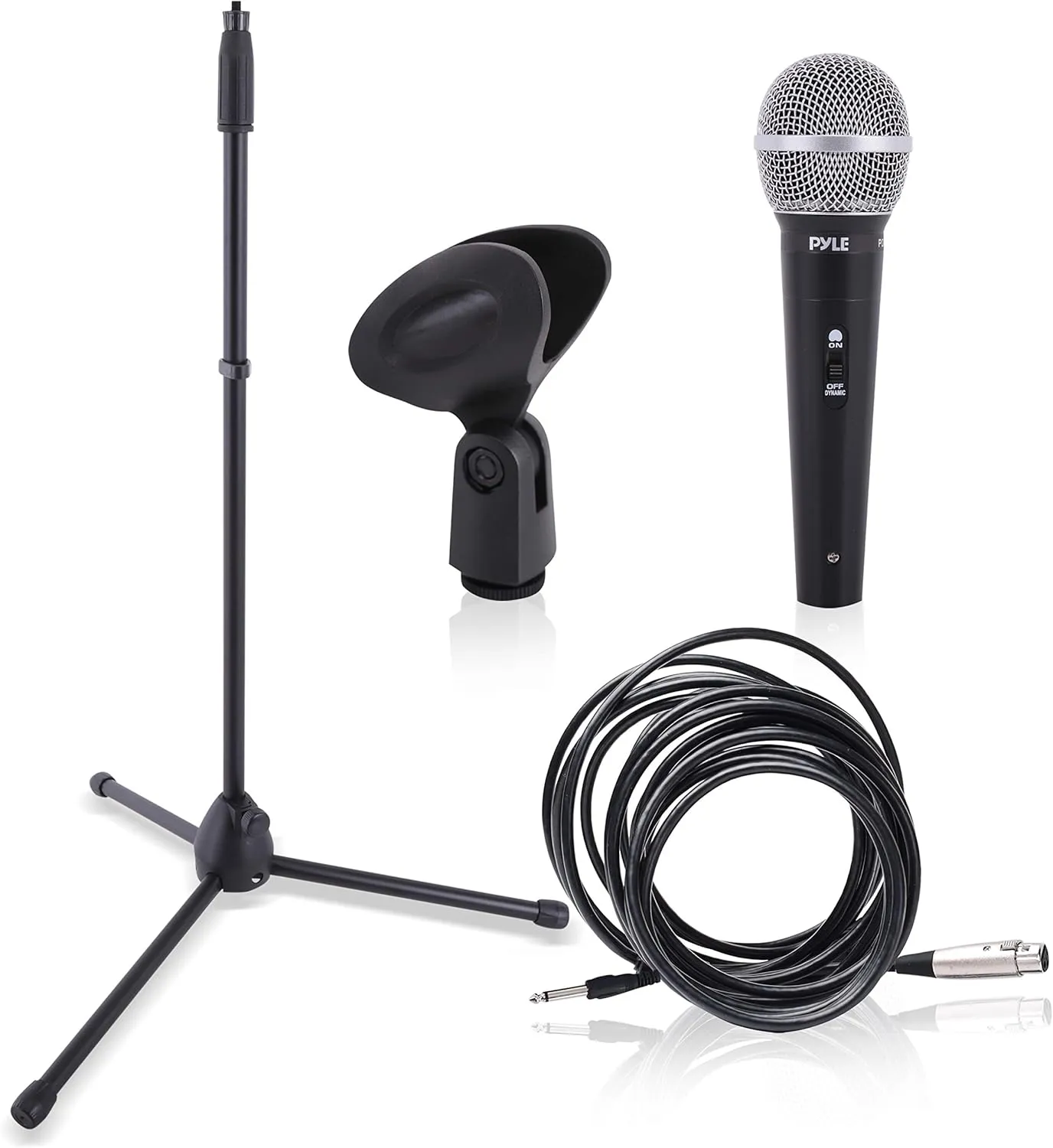 Pyle Professional Handheld Dynamic Microphone Kit - Unidirectional Vocal Wired Microphone w/Carry Bag, Metal Mic Stand, Holder/Clip & 16.4ft XLR Audio Cable to 1/4'' Audio Connection PDMIC88ST,Black
