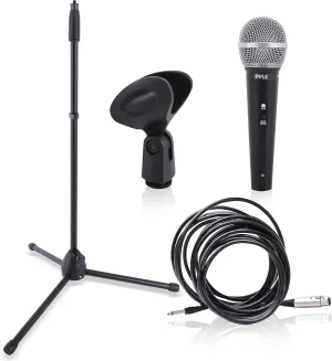Pyle Professional Handheld Dynamic Microphone Kit - Unidirectional Vocal Wired Microphone w/Carry Bag, Metal Mic Stand, Holder/Clip & 16.4ft XLR Audio Cable to 1/4'' Audio Connection PDMIC88ST,Black