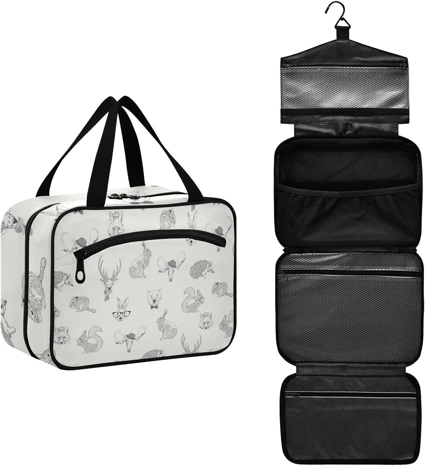 Rabbit, Hare, Squirrel, Deer, Elk, Squirrel, Hedgehog, Fox, Bear Women's Portable Makeup Bag with Handle Cosmetic Bag, Twill Cloth Travel Cosmetic Bag, Polyester Toiletry Bag for Women M Size