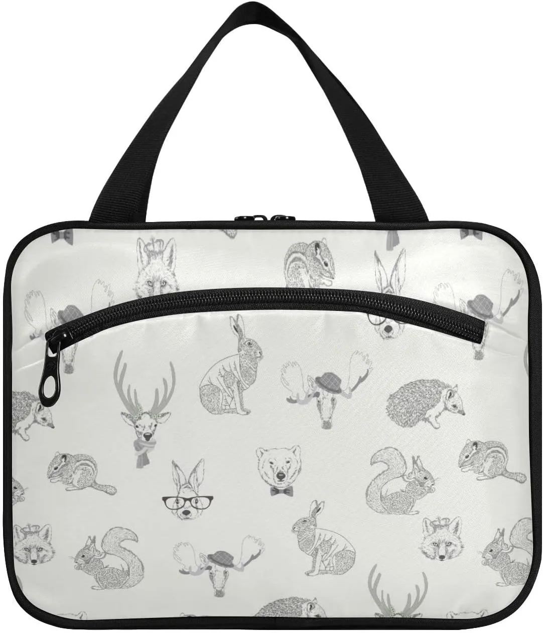 Rabbit, Hare, Squirrel, Deer, Elk, Squirrel, Hedgehog, Fox, Bear Women's Portable Makeup Bag with Handle Cosmetic Bag, Twill Cloth Travel Cosmetic Bag, Polyester Toiletry Bag for Women M Size
