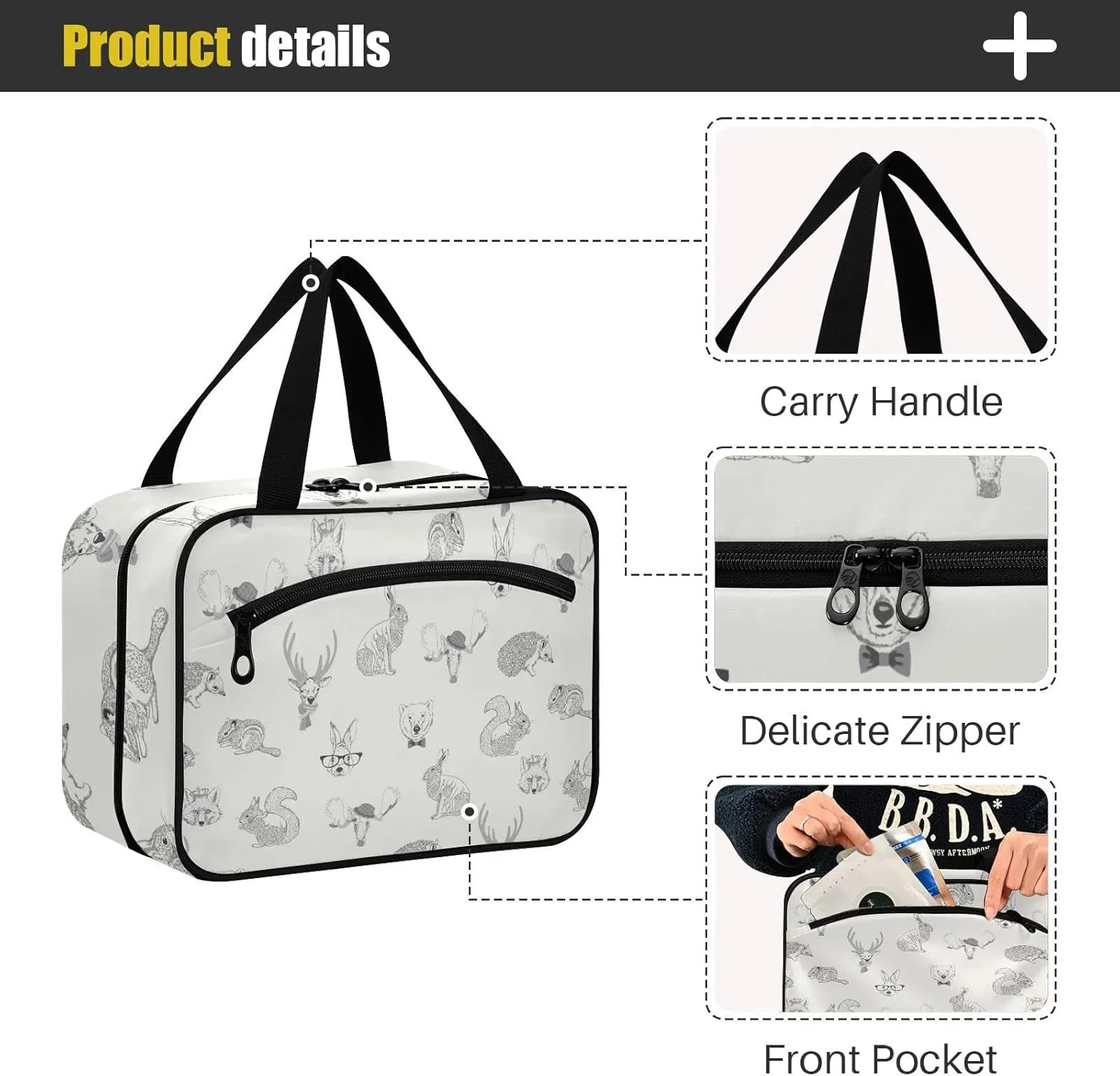 Rabbit, Hare, Squirrel, Deer, Elk, Squirrel, Hedgehog, Fox, Bear Women's Portable Makeup Bag with Handle Cosmetic Bag, Twill Cloth Travel Cosmetic Bag, Polyester Toiletry Bag for Women M Size