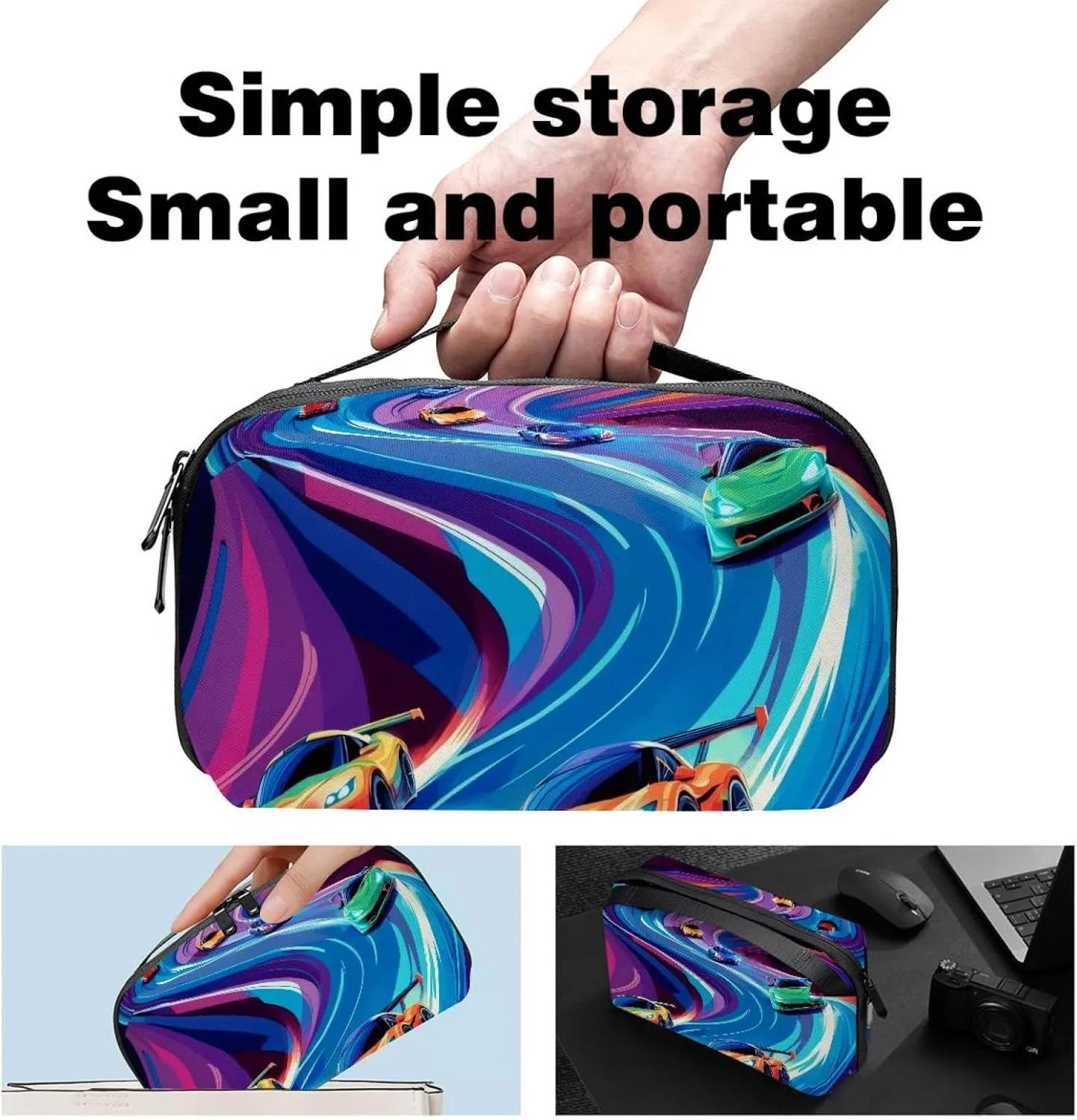Race Cars on Bright the Racing Track Electronics Organizer, Cord Cable Storage Bag Waterproof for Home Travelling, Electronic Accessories Case for Charge Mouse USB SD Card Hard Drives