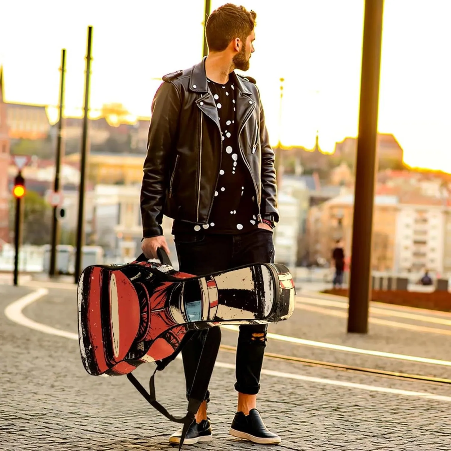 Racer in a Victory Pose with Checkered Flags and Wing Acoustic Guitar Bag, Guitar Case Gig Bag 40 41 42 inch with Dual Adjustable Shoulder Strap and Back Hanger Loop