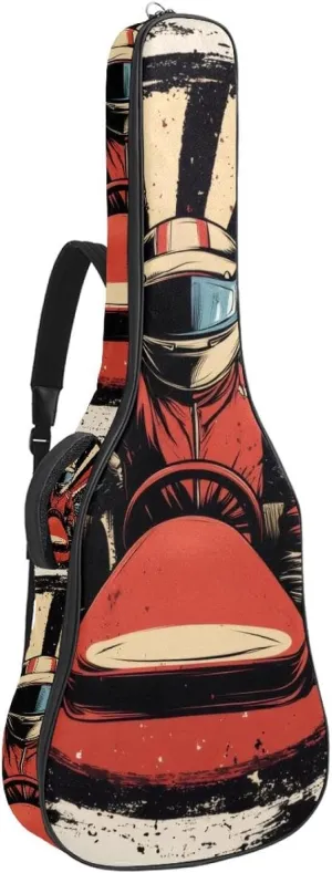 Racer in a Victory Pose with Checkered Flags and Wing Acoustic Guitar Bag, Guitar Case Gig Bag 40 41 42 inch with Dual Adjustable Shoulder Strap and Back Hanger Loop