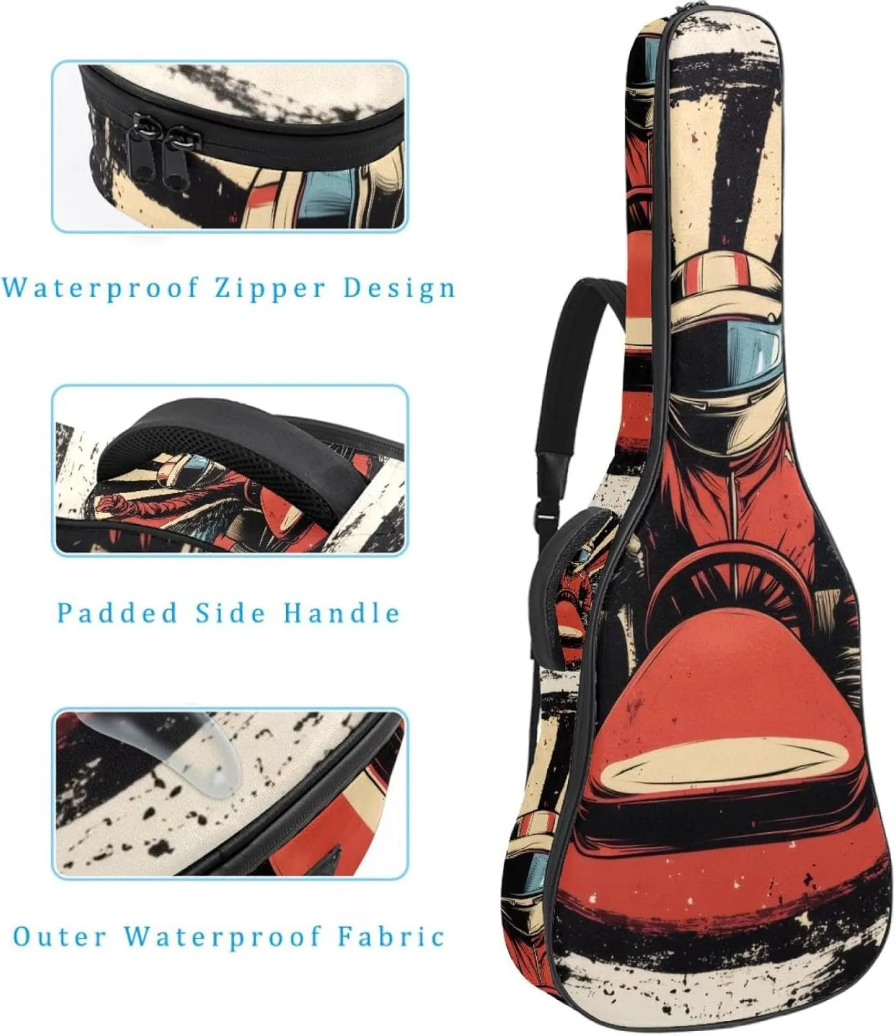 Racer in a Victory Pose with Checkered Flags and Wing Acoustic Guitar Bag, Guitar Case Gig Bag 40 41 42 inch with Dual Adjustable Shoulder Strap and Back Hanger Loop