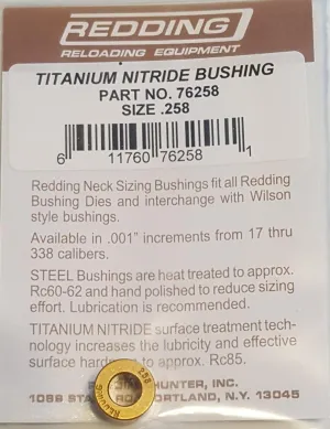 Redding Reloading .258in Titanium Nitride Neck Sizing Bushing, 76258