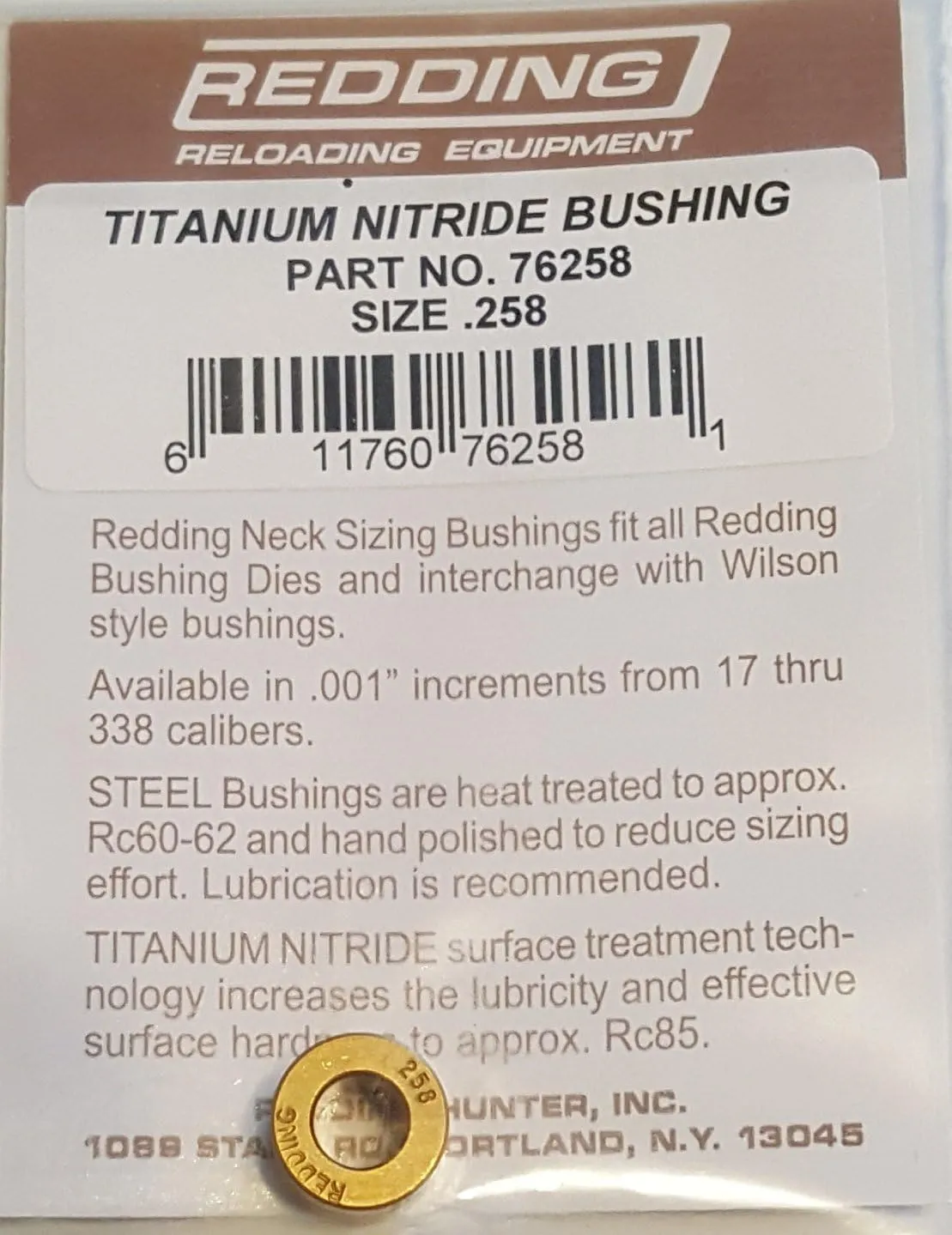 Redding Reloading .258in Titanium Nitride Neck Sizing Bushing, 76258