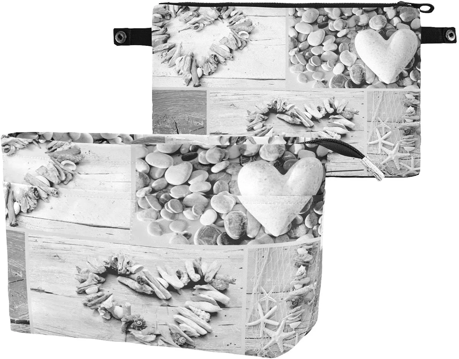 Retro Hearts of Seashells, Starfish, Driftwood and Beach Goods Women's Portable Makeup Bag with Handle, Cosmetic Bag, Adjustable Travel Cosmetic Bag, Toiletry Storage Organizer for women M