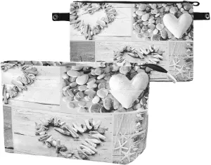 Retro Hearts of Seashells, Starfish, Driftwood and Beach Goods Women's Portable Makeup Bag with Handle, Cosmetic Bag, Adjustable Travel Cosmetic Bag, Toiletry Storage Organizer for women M