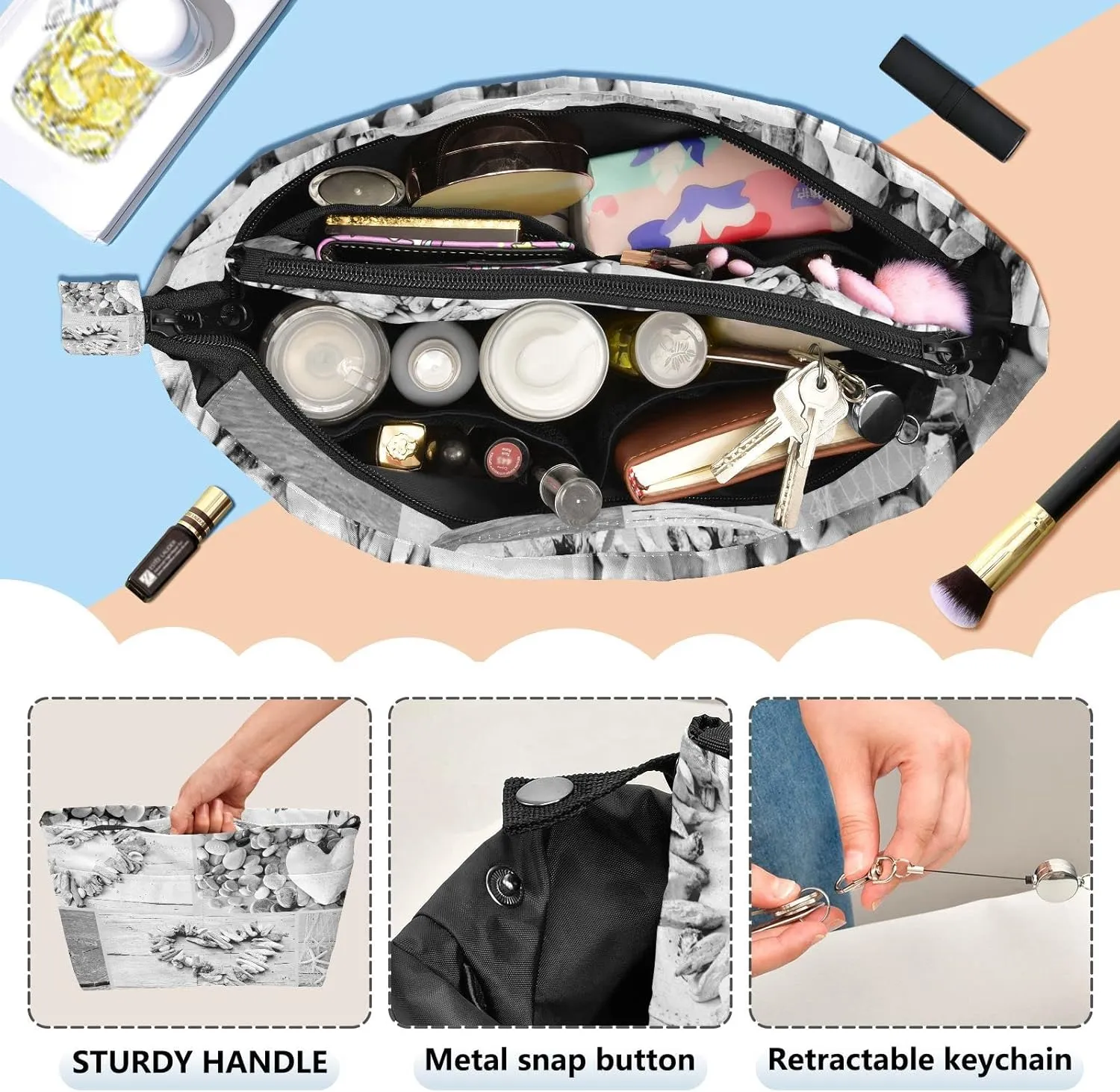 Retro Hearts of Seashells, Starfish, Driftwood and Beach Goods Women's Portable Makeup Bag with Handle, Cosmetic Bag, Adjustable Travel Cosmetic Bag, Toiletry Storage Organizer for women M
