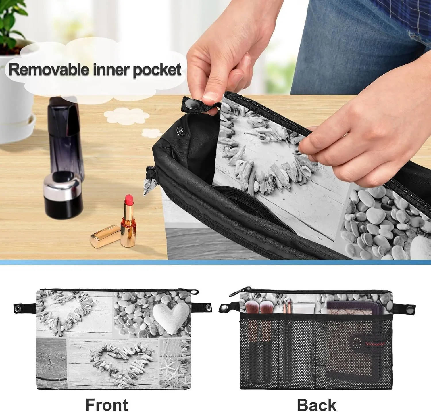 Retro Hearts of Seashells, Starfish, Driftwood and Beach Goods Women's Portable Makeup Bag with Handle, Cosmetic Bag, Adjustable Travel Cosmetic Bag, Toiletry Storage Organizer for women M