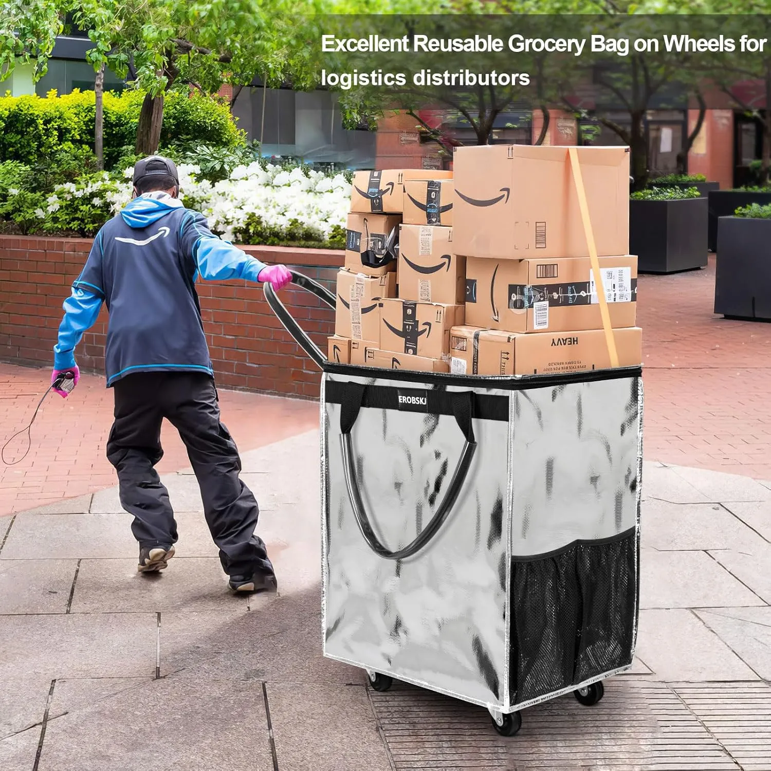 Reusable Grocery Bag on Wheels, Foldable Rolling Tote,66 lbs Capacity Shopping Trolley,Zipper Clouser Shopping Bag with Wheels for Trips, Laundry, Rolling Bags with Wheels and Handle（Medium,Silver）
