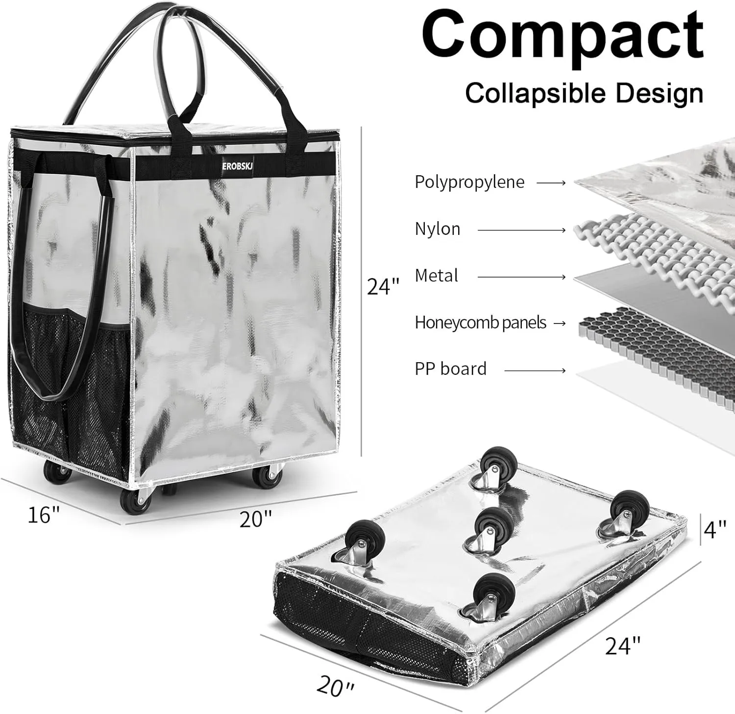 Reusable Grocery Bag on Wheels, Foldable Rolling Tote,66 lbs Capacity Shopping Trolley,Zipper Clouser Shopping Bag with Wheels for Trips, Laundry, Rolling Bags with Wheels and Handle（Medium,Silver）