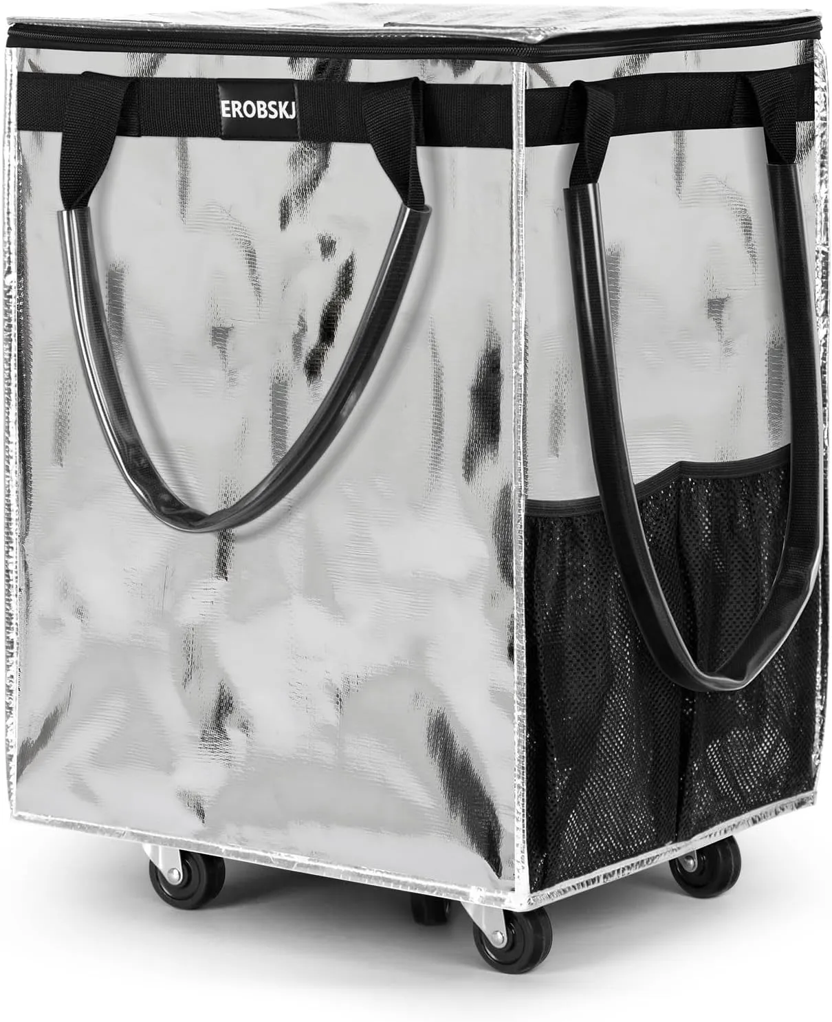 Reusable Grocery Bag on Wheels, Foldable Rolling Tote,66 lbs Capacity Shopping Trolley,Zipper Clouser Shopping Bag with Wheels for Trips, Laundry, Rolling Bags with Wheels and Handle（Medium,Silver）