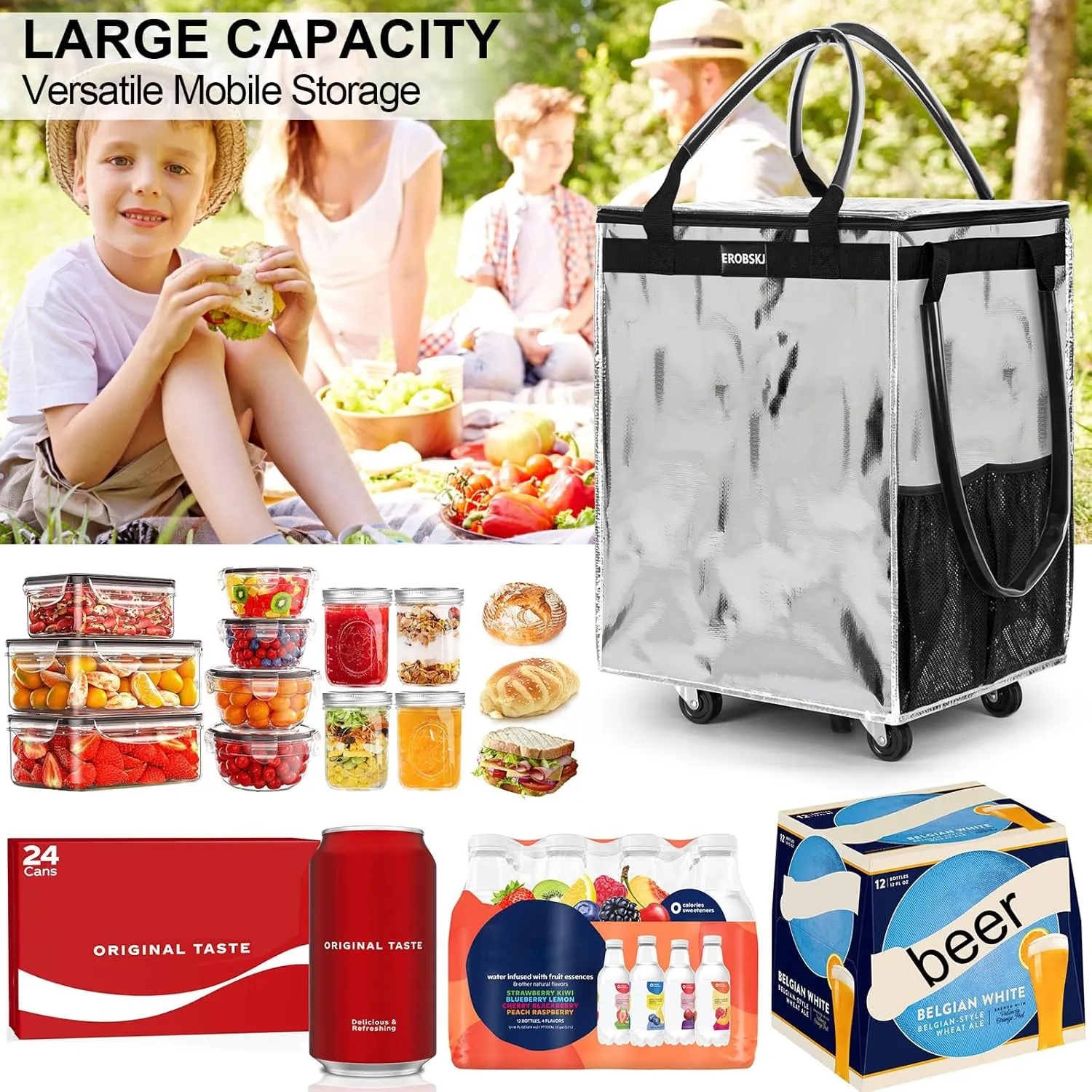 Reusable Grocery Bag on Wheels, Foldable Rolling Tote,66 lbs Capacity Shopping Trolley,Zipper Clouser Shopping Bag with Wheels for Trips, Laundry, Rolling Bags with Wheels and Handle（Medium,Silver）