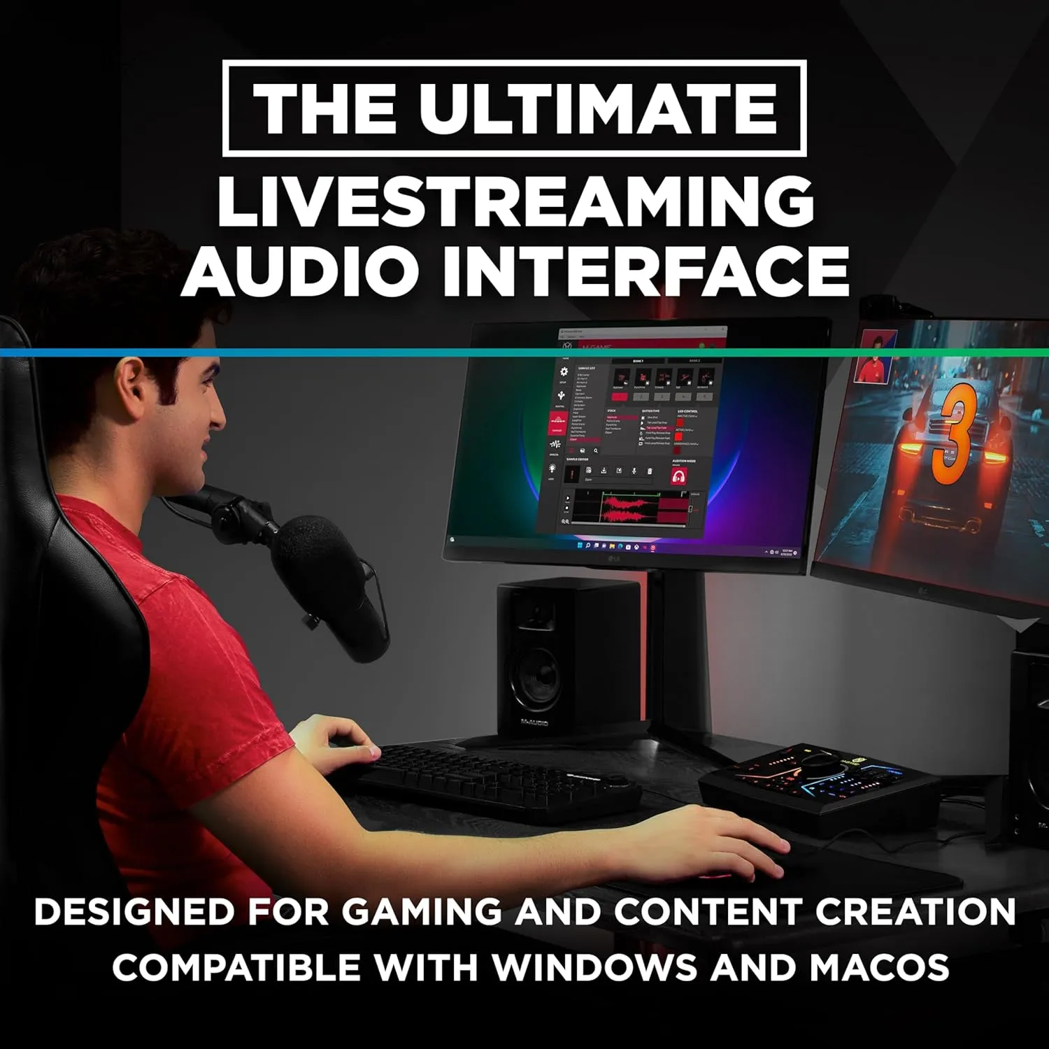 RGB Dual USB Audio Interface Mixer for Streaming and Gaming with XLR Microphone in, Optical in, Voice FX, Sampler, RGB Lights and Software