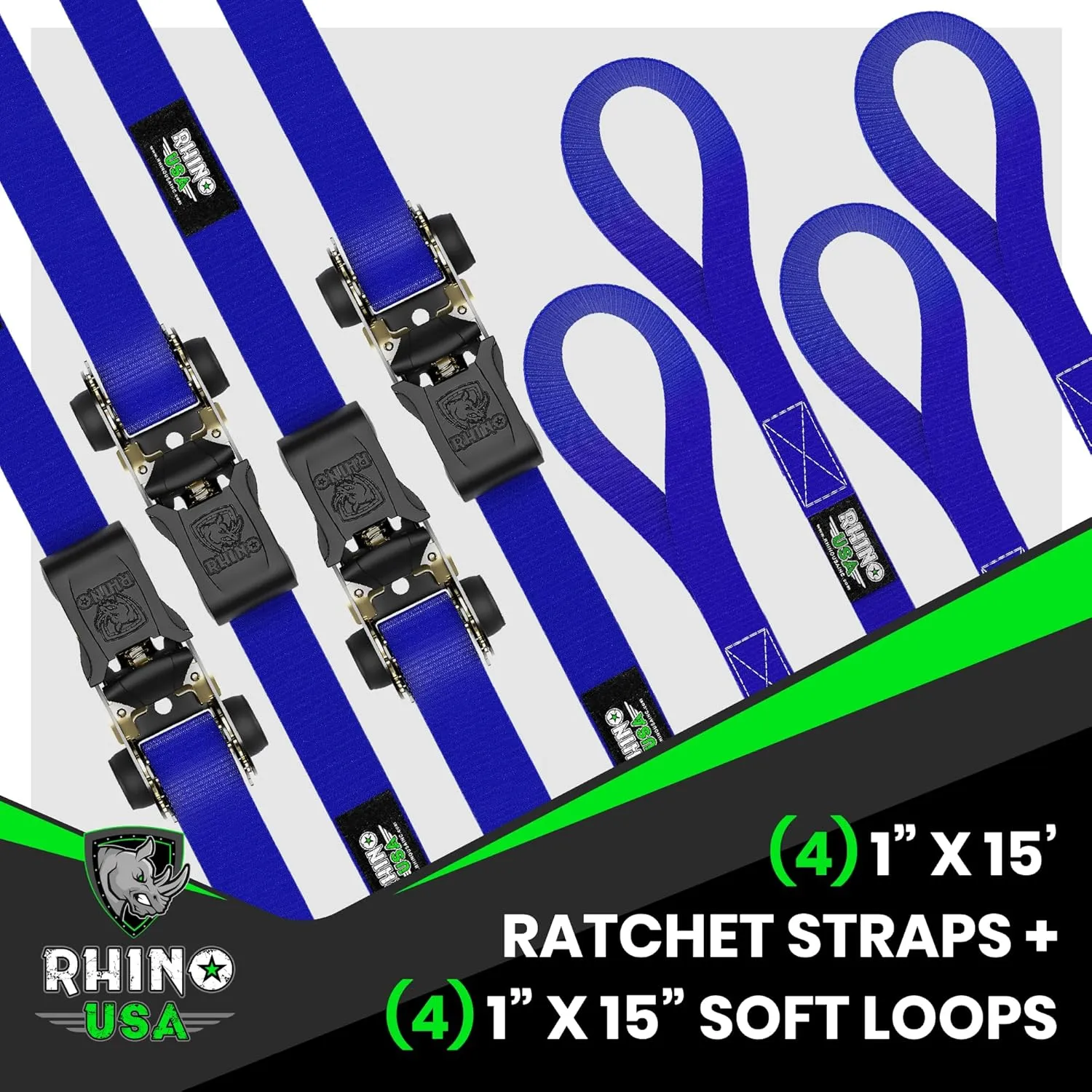 Rhino USA Ratchet Straps Tie Downs (4-Pack) - 1 Inch x 15 Feet (1,823lb Break Strength) - Ultimate Tie Down Straps with Safety S Hooks - for Trucks, Cargo, Moving, Appliances - Blue