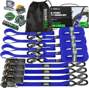 Rhino USA Ratchet Straps Tie Downs (4-Pack) - 1 Inch x 15 Feet (1,823lb Break Strength) - Ultimate Tie Down Straps with Safety S Hooks - for Trucks, Cargo, Moving, Appliances - Blue