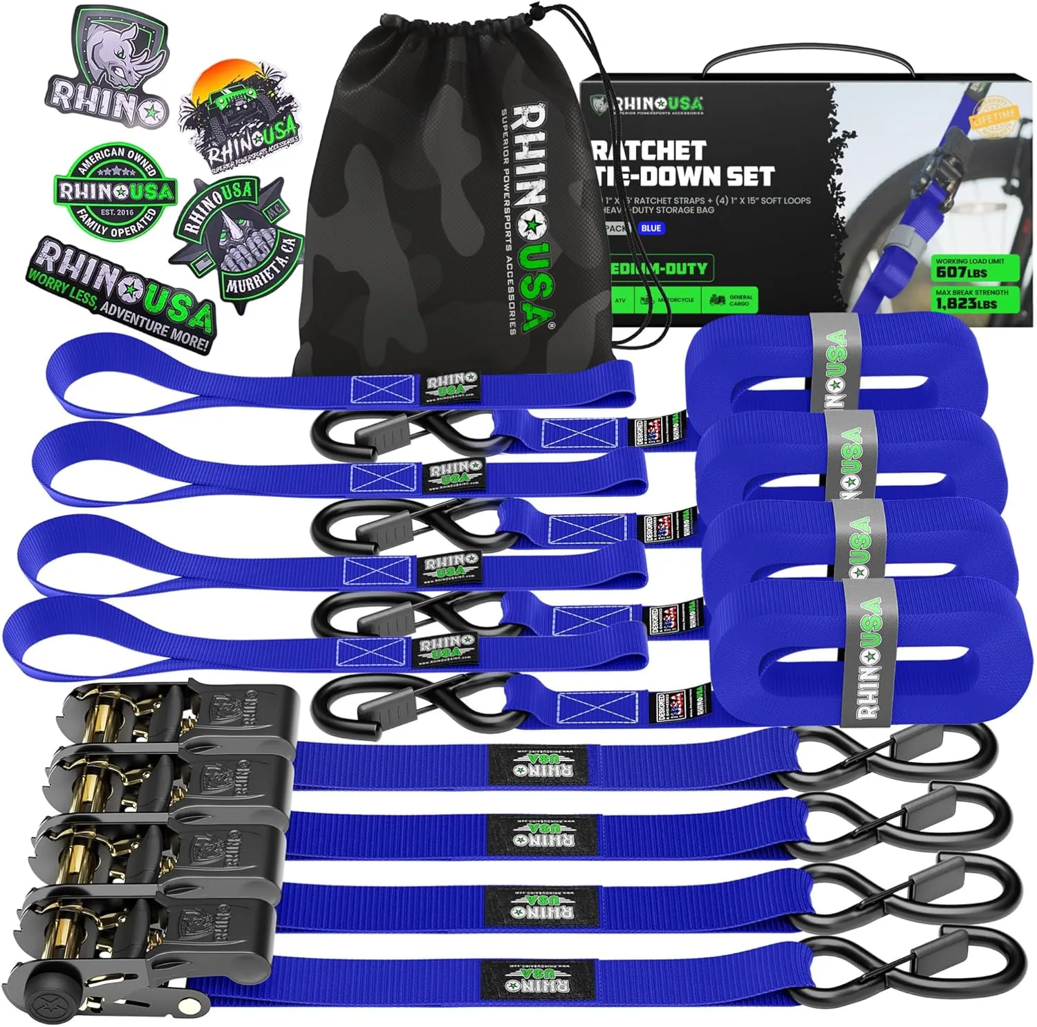 Rhino USA Ratchet Straps Tie Downs (4-Pack) - 1 Inch x 15 Feet (1,823lb Break Strength) - Ultimate Tie Down Straps with Safety S Hooks - for Trucks, Cargo, Moving, Appliances - Blue