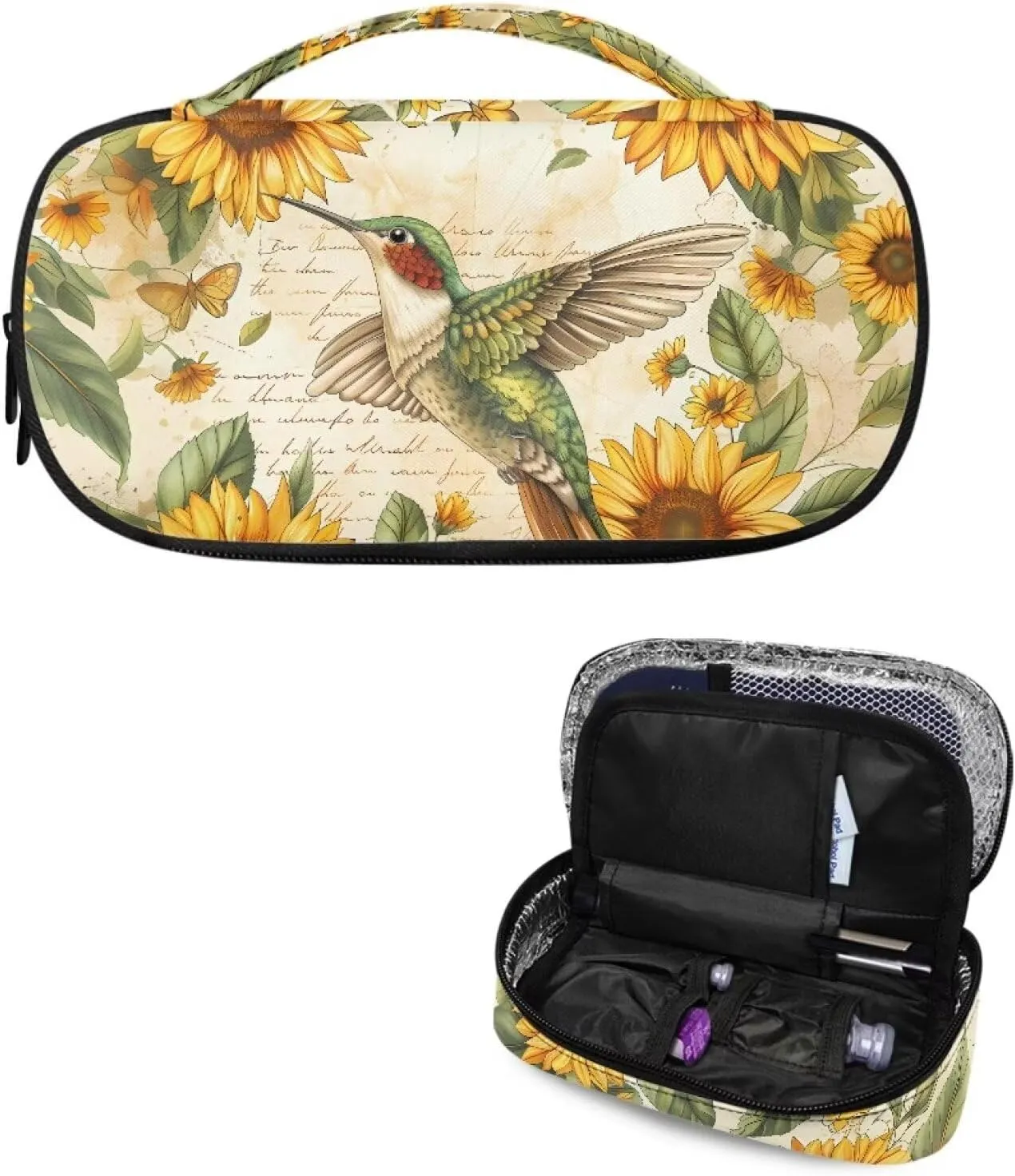 Rnyleeg Insulin Travel Case,Sunflower Floral Hummingbird Diabetic Case Insulated Organizer Portable Cooling Bag for Insulin Pen and Medication Diabetic Supplies