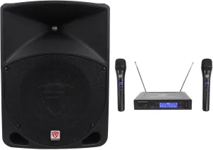 Rockville RPG10 10" Powered Active 600 Watt 2-Way DJ PA Speaker System Bundle with Rockville RWM1203VH Wireless Dual Handheld Microphone System/Digital Display