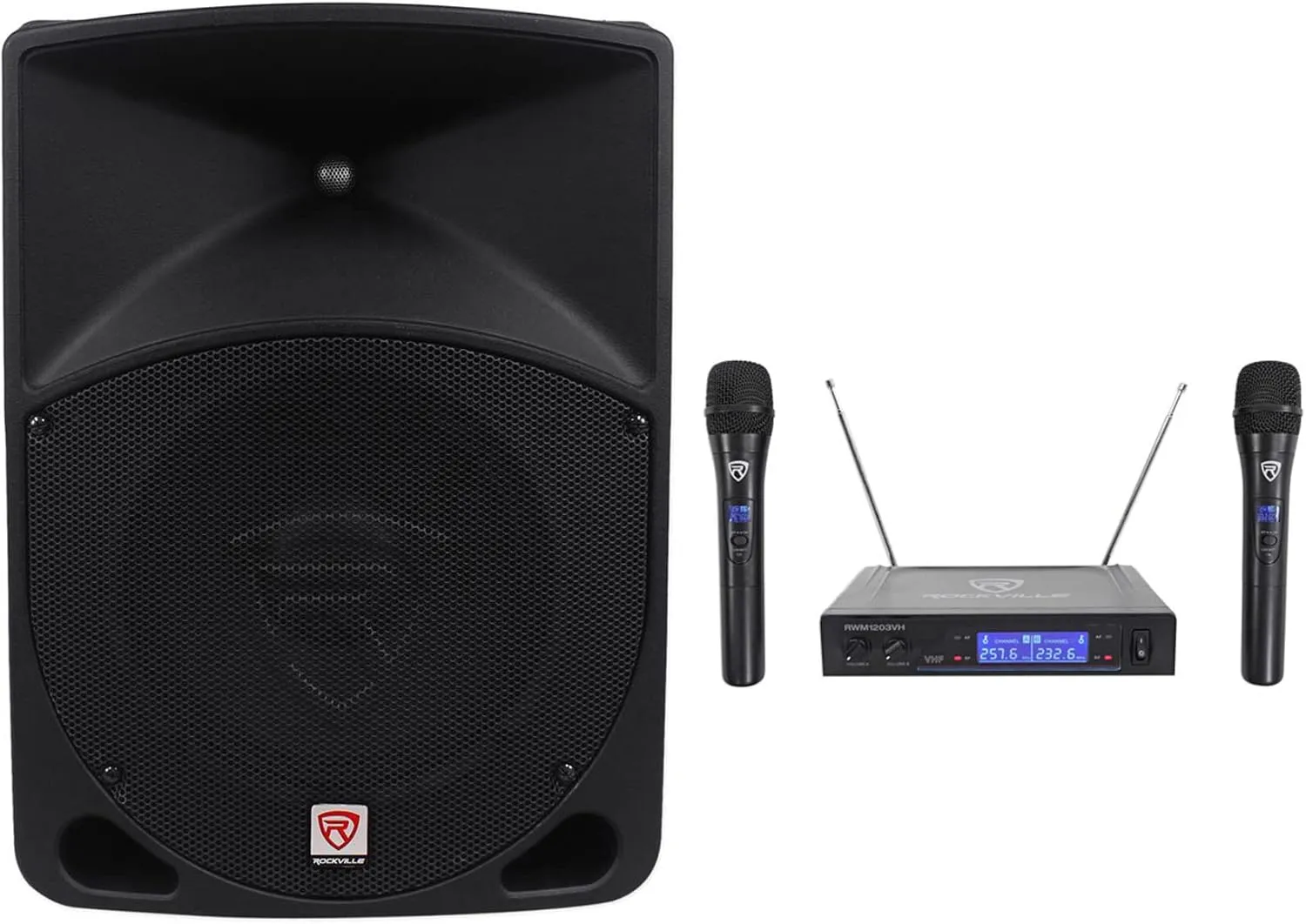 Rockville RPG10 10" Powered Active 600 Watt 2-Way DJ PA Speaker System Bundle with Rockville RWM1203VH Wireless Dual Handheld Microphone System/Digital Display