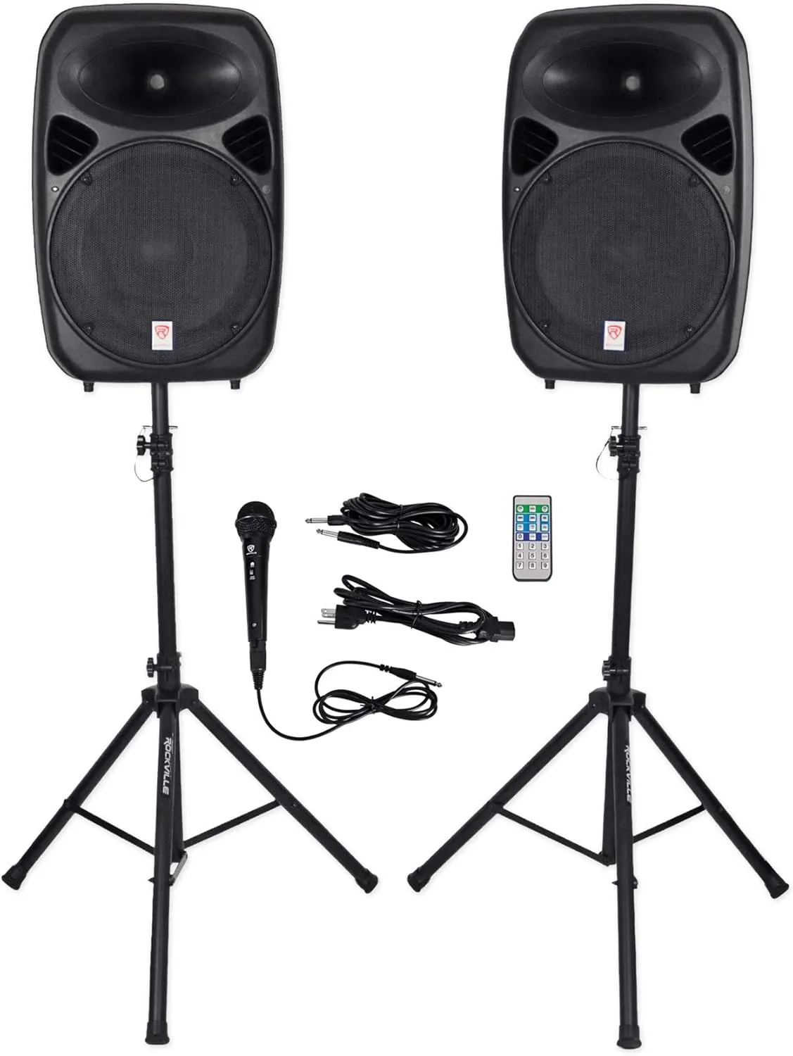 Rockville RPG152K Dual 15" Powered Speakers, Bluetooth Mic  Stands Cables