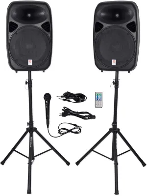 Rockville RPG152K Dual 15" Powered Speakers, Bluetooth Mic  Stands Cables