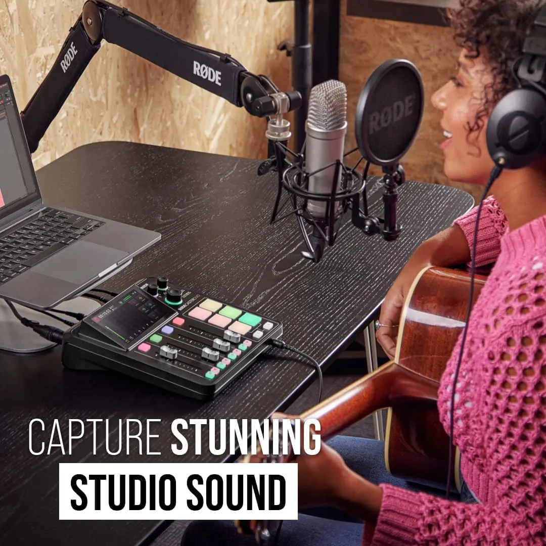 Rode RODECaster Duo Streaming Mixer (Black) with Rode Podmic Dynamic Podcast Microphone (Pair), NTH-100 Headphones, RODECaster Duo Cover, Desk Stand, XLR Cable and 32GB microSD Card