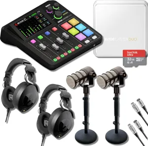 Rode RODECaster Duo Streaming Mixer (Black) with Rode Podmic Dynamic Podcast Microphone (Pair), NTH-100 Headphones, RODECaster Duo Cover, Desk Stand, XLR Cable and 32GB microSD Card