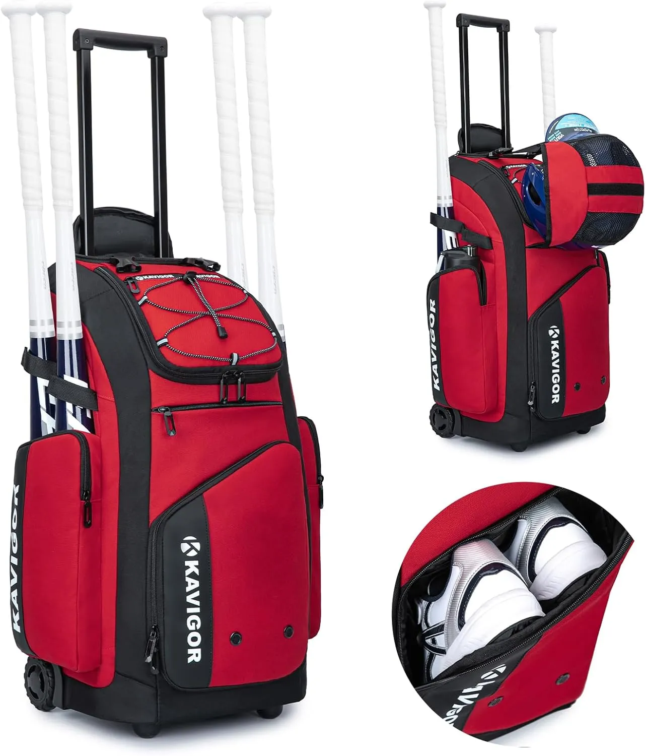Rolling Baseball Bag with Wheels, 60L Capacity Softball Bag Holds 4 Bats for Boys and Girls, Youth Equipment Bag with Shoe Compartment