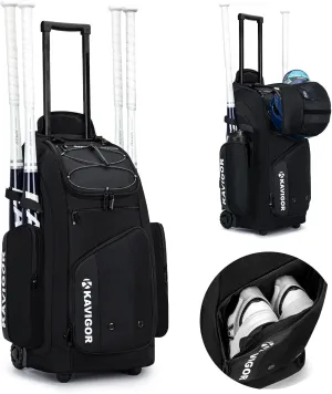 Rolling Baseball Bag with Wheels, 60L Capacity Softball Bag Holds 4 Bats for Boys and Girls, Youth Equipment Bag with Shoe Compartment