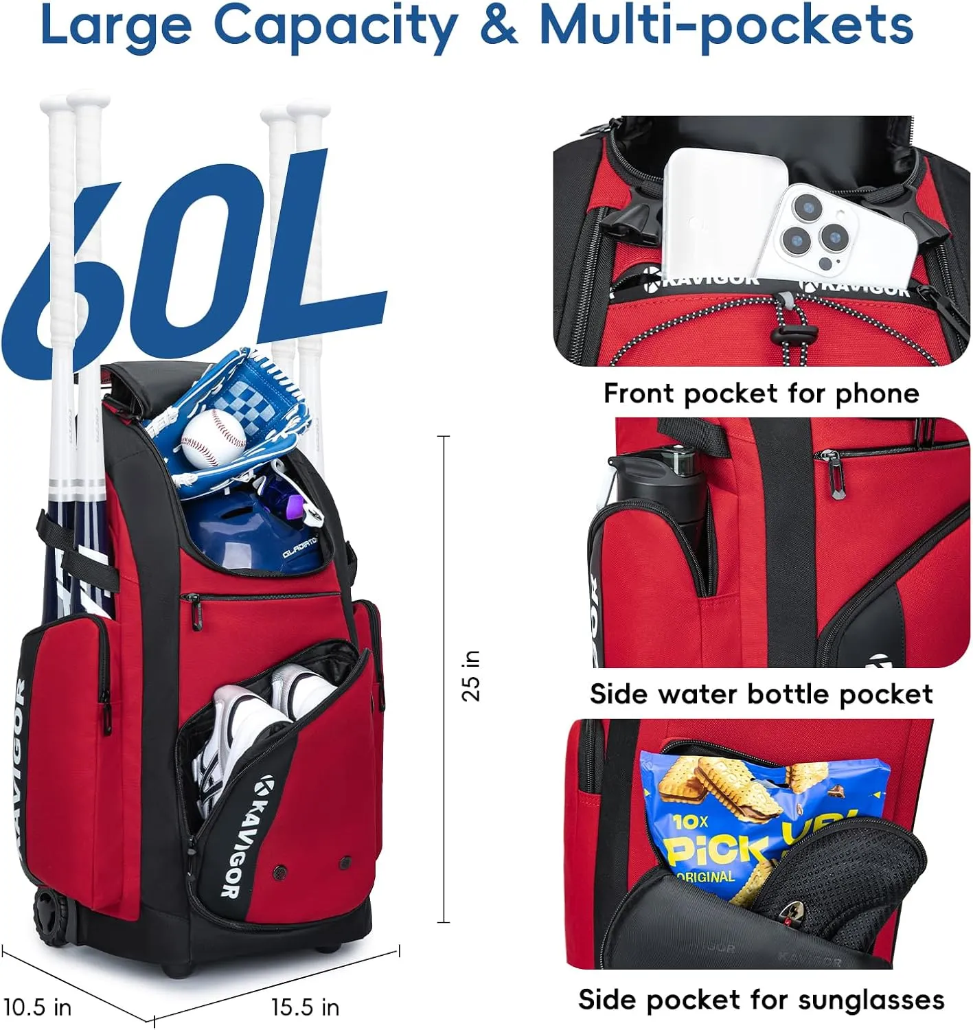 Rolling Baseball Bag with Wheels, 60L Capacity Softball Bag Holds 4 Bats for Boys and Girls, Youth Equipment Bag with Shoe Compartment