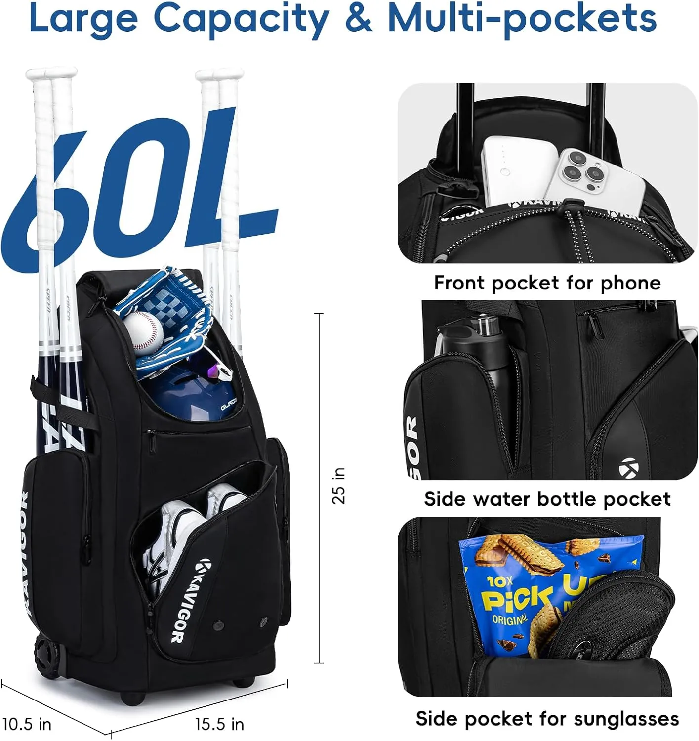 Rolling Baseball Bag with Wheels, 60L Capacity Softball Bag Holds 4 Bats for Boys and Girls, Youth Equipment Bag with Shoe Compartment