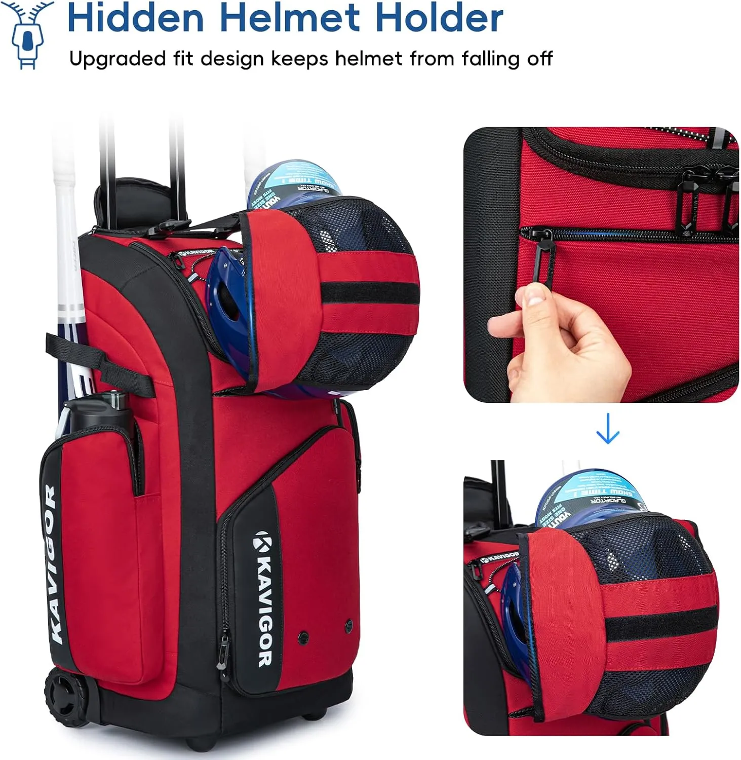 Rolling Baseball Bag with Wheels, 60L Capacity Softball Bag Holds 4 Bats for Boys and Girls, Youth Equipment Bag with Shoe Compartment