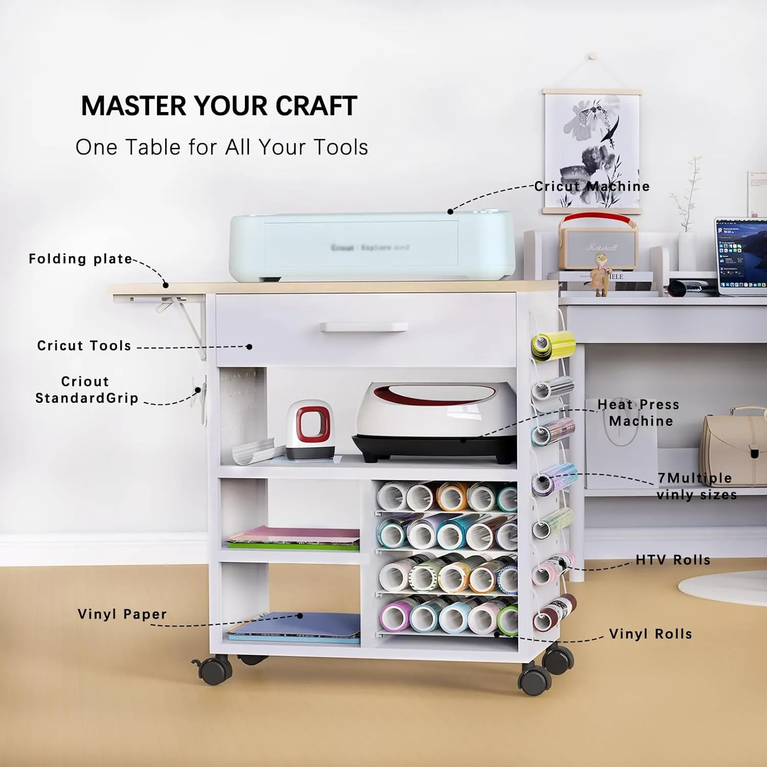 Rolling Craft Cart with Storage Drawers & Wheels - Heavy Duty Mobile Craft Organizer for Cricut Machines, Scrapbooking Supplies, Art Studio | Adjustable Shelves & Lockable Casters