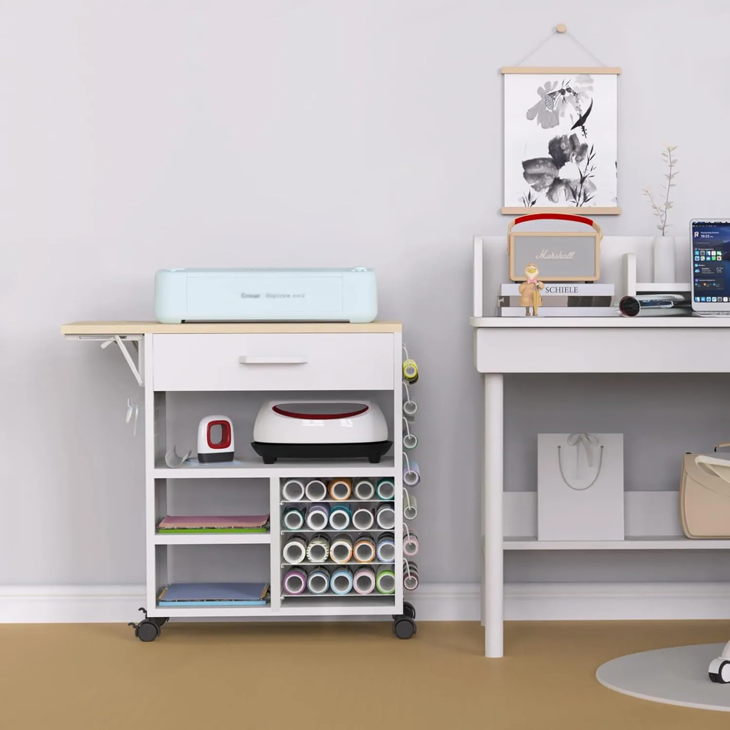 Rolling Craft Cart with Storage Drawers & Wheels - Heavy Duty Mobile Craft Organizer for Cricut Machines, Scrapbooking Supplies, Art Studio | Adjustable Shelves & Lockable Casters