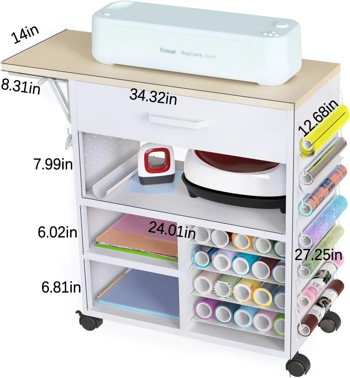 Rolling Craft Cart with Storage Drawers & Wheels - Heavy Duty Mobile Craft Organizer for Cricut Machines, Scrapbooking Supplies, Art Studio | Adjustable Shelves & Lockable Casters