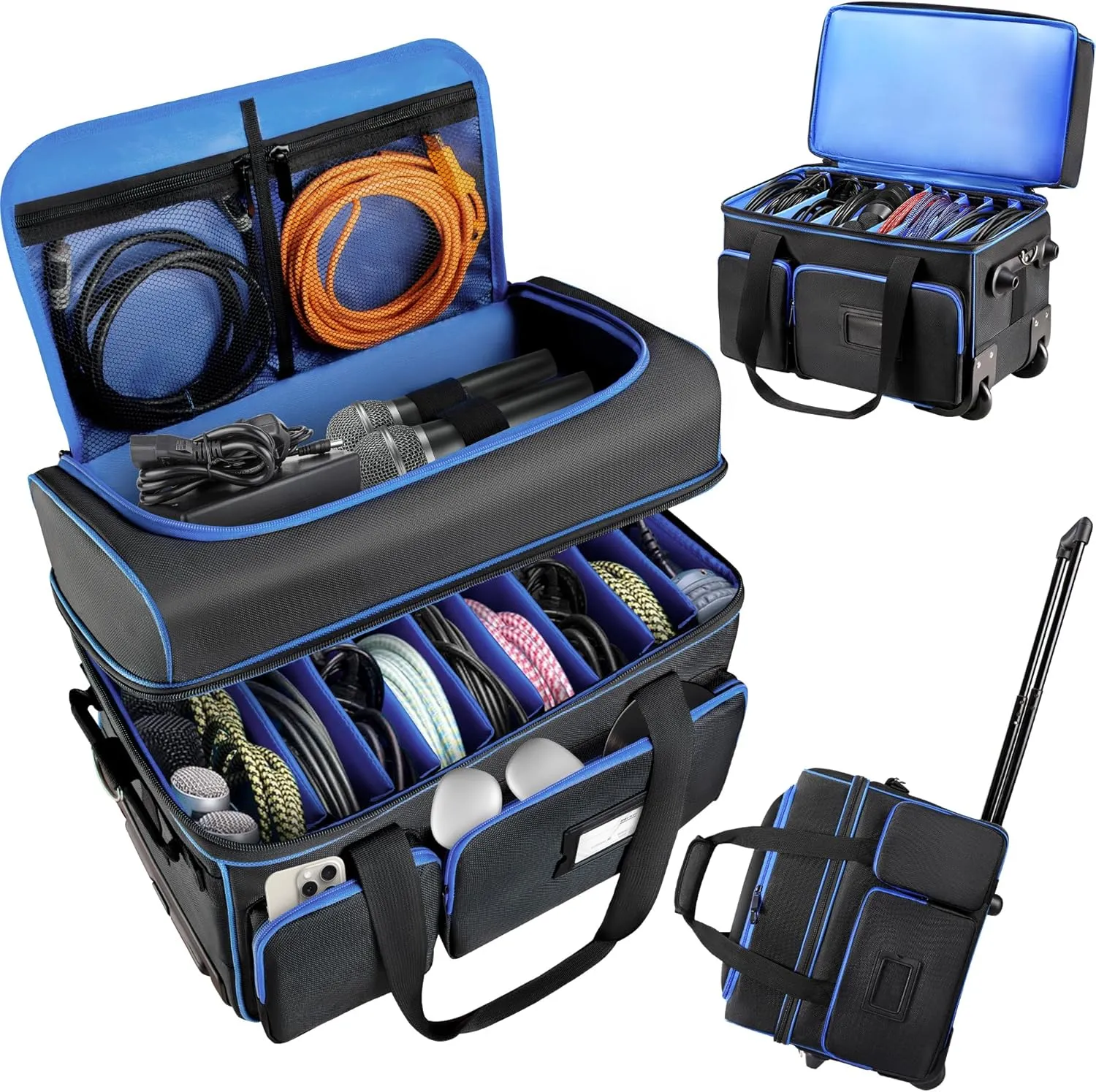 Rolling DJ Cable File Bag with Wheels, Large DJ Gear Organzier Travel Gig-bag Thick Padded with 9 Detachable Dividers, Multiple Pockets for Musical Instrument and Accessories