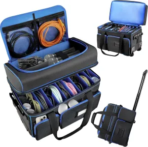Rolling DJ Cable File Bag with Wheels, Large DJ Gear Organzier Travel Gig-bag Thick Padded with 9 Detachable Dividers, Multiple Pockets for Musical Instrument and Accessories