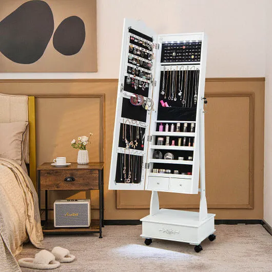 Rolling Floor Standing Mirrored Jewelry Armoire with Lock and Drawers-White - Co