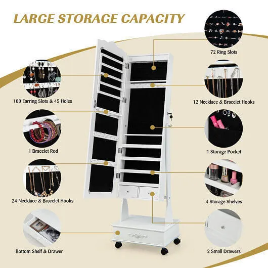 Rolling Floor Standing Mirrored Jewelry Armoire with Lock and Drawers-White - Co