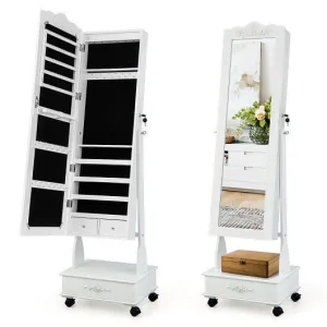 Rolling Floor Standing Mirrored Jewelry Armoire with Lock and Drawers-White - Co