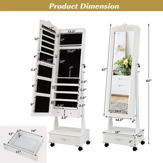 Rolling Floor Standing Mirrored Jewelry Armoire with Lock and Drawers-White - Co