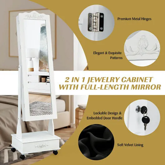 Rolling Floor Standing Mirrored Jewelry Armoire with Lock and Drawers-White - Co