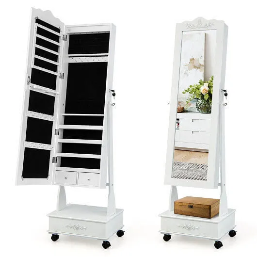 Rolling Floor Standing Mirrored Jewelry Armoire with Lock and Drawers-White - Co