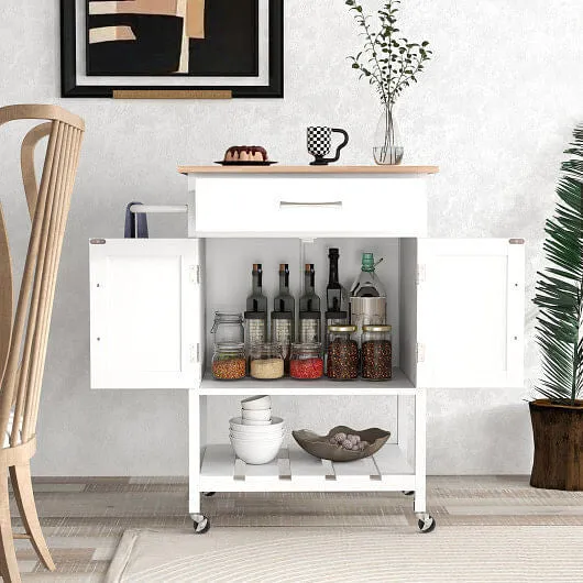 Rolling Kitchen Island Cart with Drawer and Towel Rack-White - Color: White