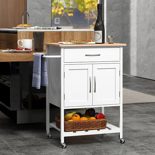 Rolling Kitchen Island Cart with Drawer and Towel Rack-White - Color: White