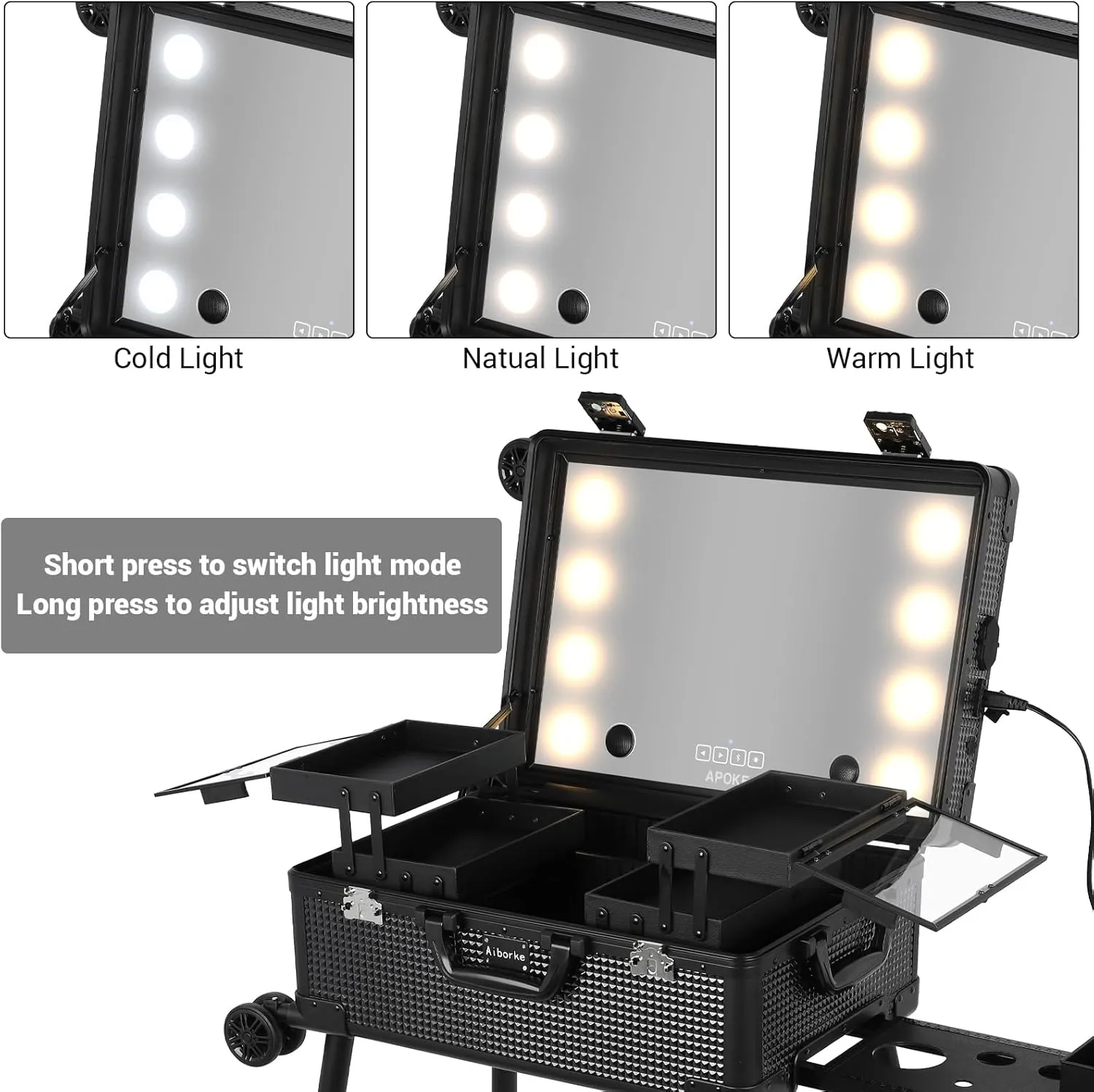 Rolling Makeup Train Case with Lighted Mirror and Bluetooth Speaker Professional Cosmetic Organizer Case with Wheels, Stands Portable Makup Station Vanity for Travel (Black, Small)